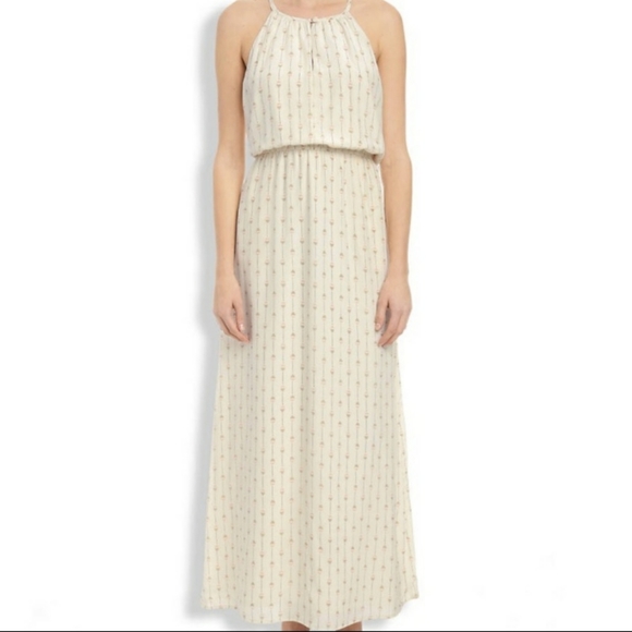 $168 Lucky Brand 100% Silk Geometric Print Maxi Dress L Boho Neutral - Picture 1 of 11